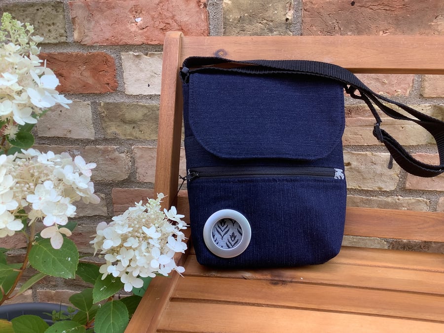 Recycled denim dog walking bag. Carry all day bag.