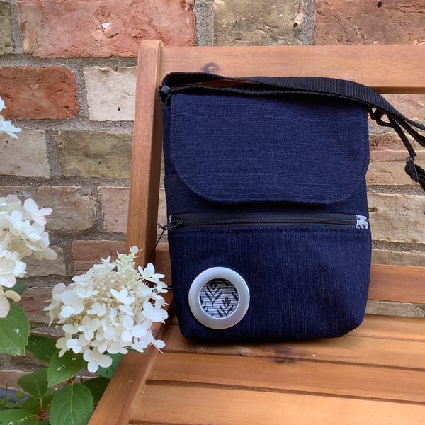 Recycled denim dog walking bag. Carry all day bag.