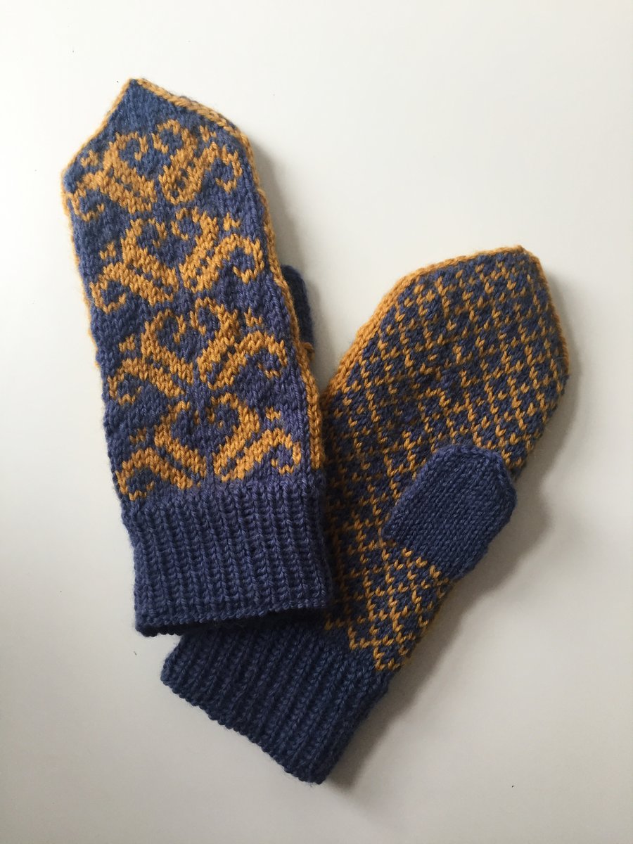 READY TO SHIP Hand Knitted Blue Yellow Wool Mittens Traditional Floral Nordic Sc