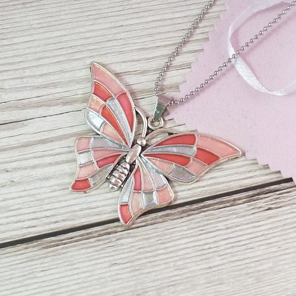 S925 sterling silver fringed enamel pink butterfly necklace main image 1