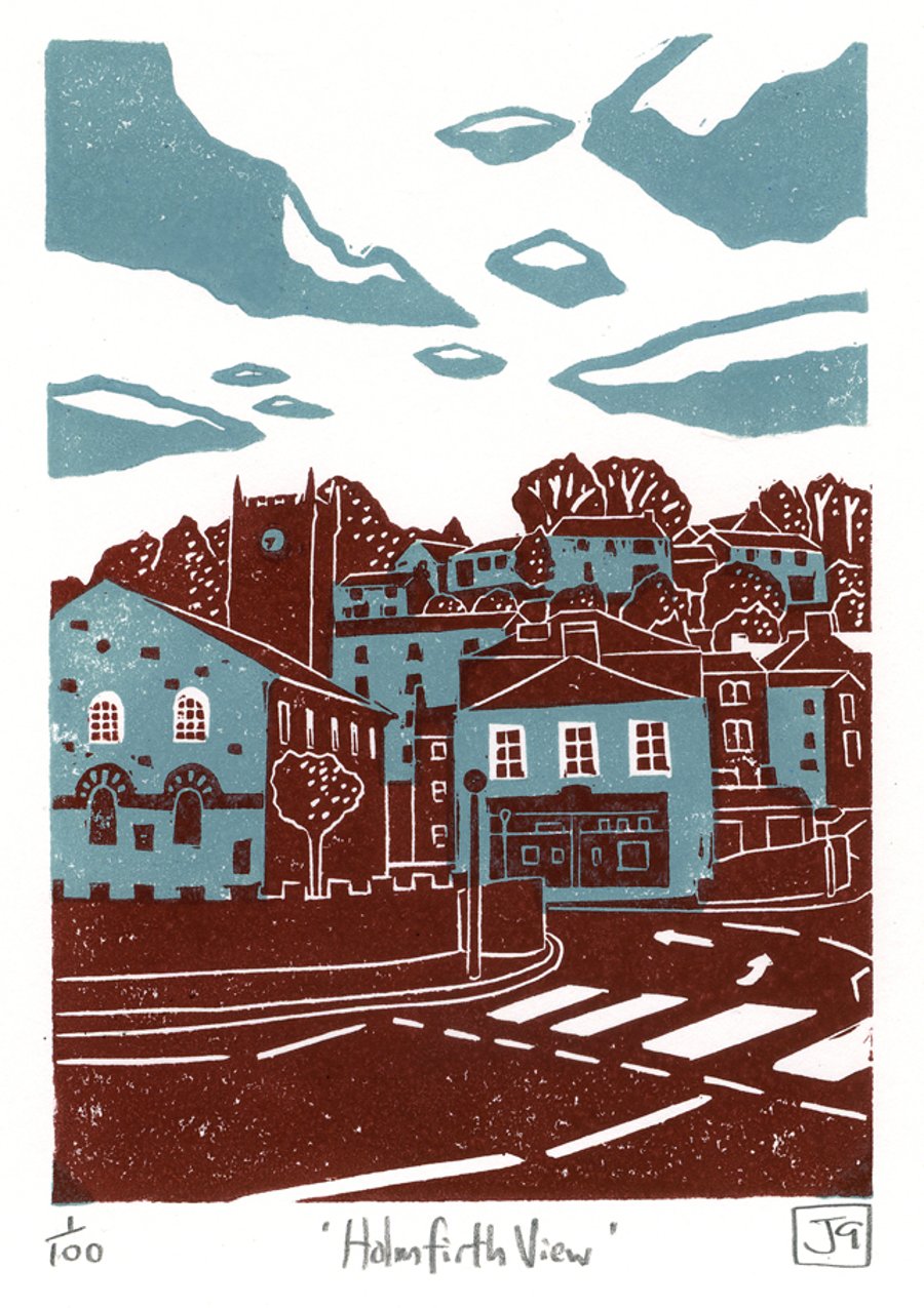 Holmfirth View two-colour linocut print