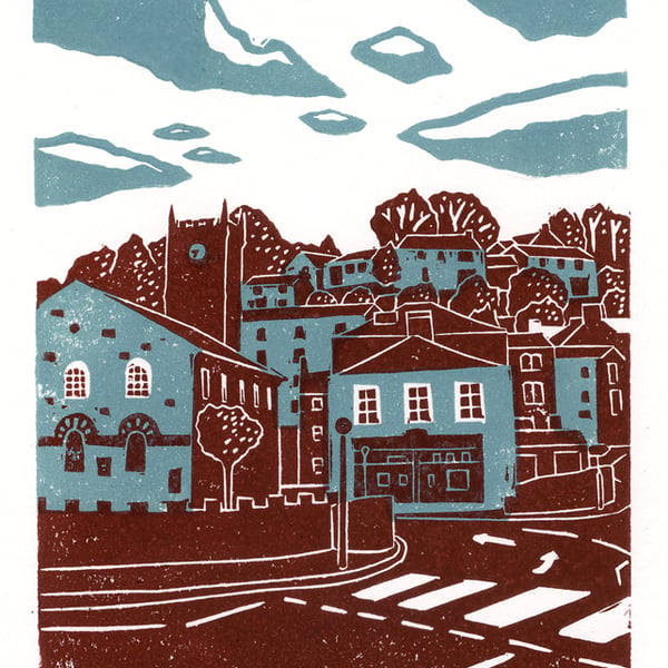 Holmfirth View two-colour linocut print