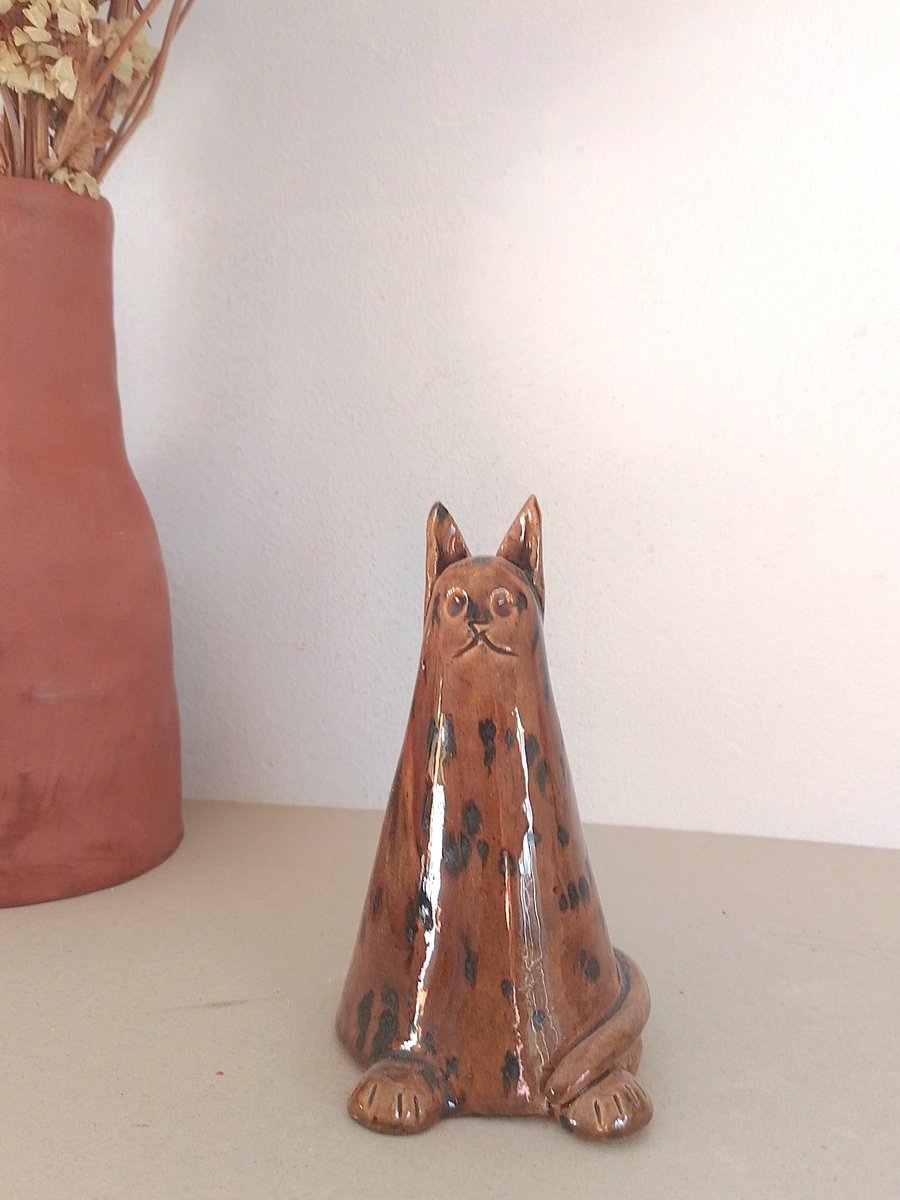 Cat conical quirky ceramic figurine, Quirky Cat ornament, pottery Cat ornament.