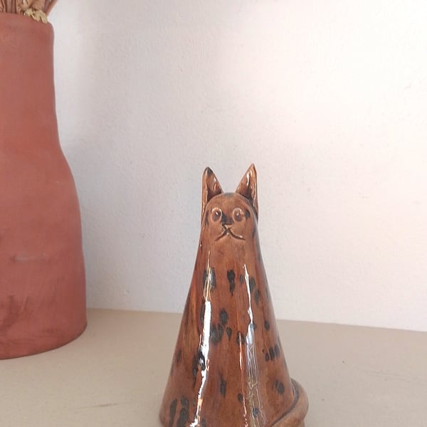 Cat conical quirky ceramic figurine, Quirky Cat ornament, pottery Cat ornament.