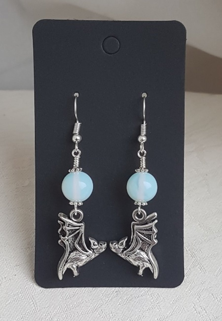 Flying Bat Earrings With Moonstone Beads - Silver tones