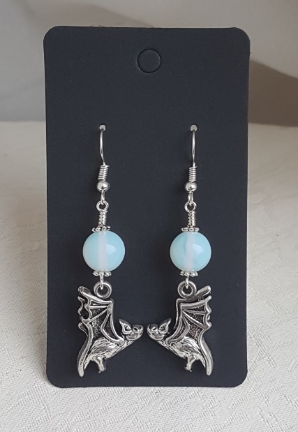 Flying Bat Earrings With Opalite Beads - Silver tones