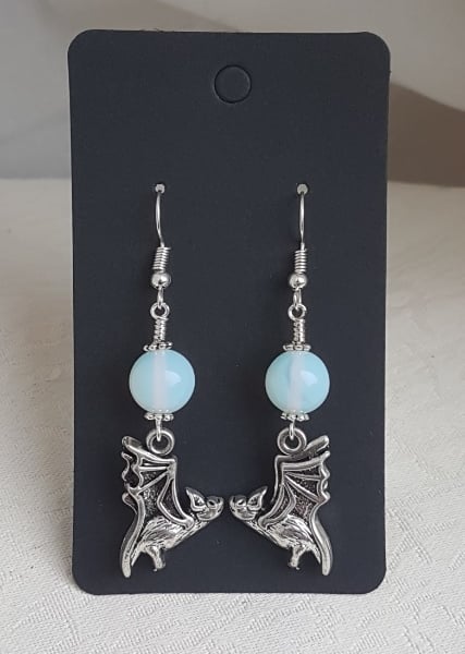 Flying Bat Earrings With Moonstone Beads - Silver tones