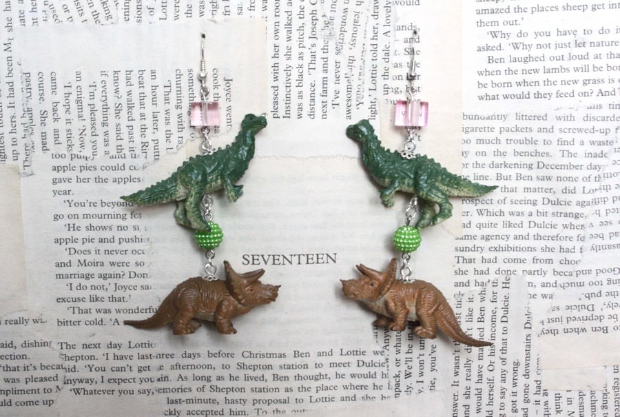 Green and Brown Dinosaur Toy Statement Earrings