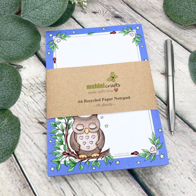 Notepad - A6 Recycled Paper Notepad - Sleepy Owl