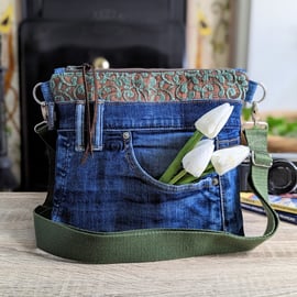 Recycled Denim and Chenille Silk Lined Cross Body Bag