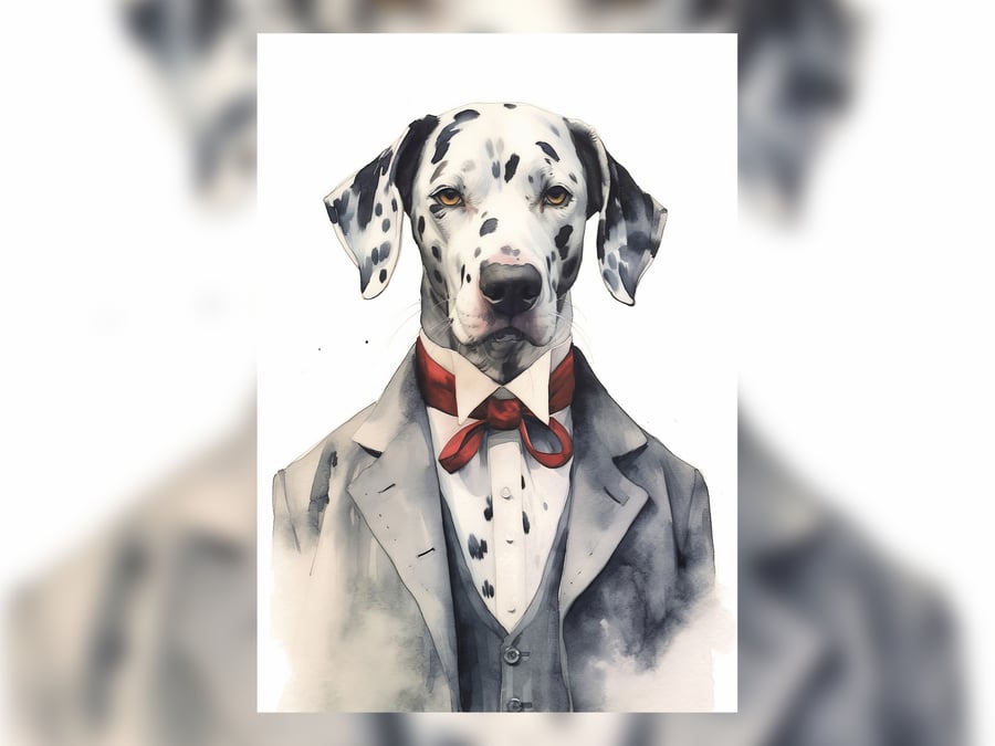 Dapper Dalmatian Watercolor Painting 5x7 Print Canine Elegance in Grey and Red 