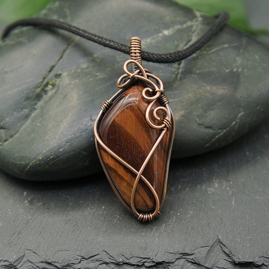 Copper Wire Wrapped Tiger's Eye Pendant