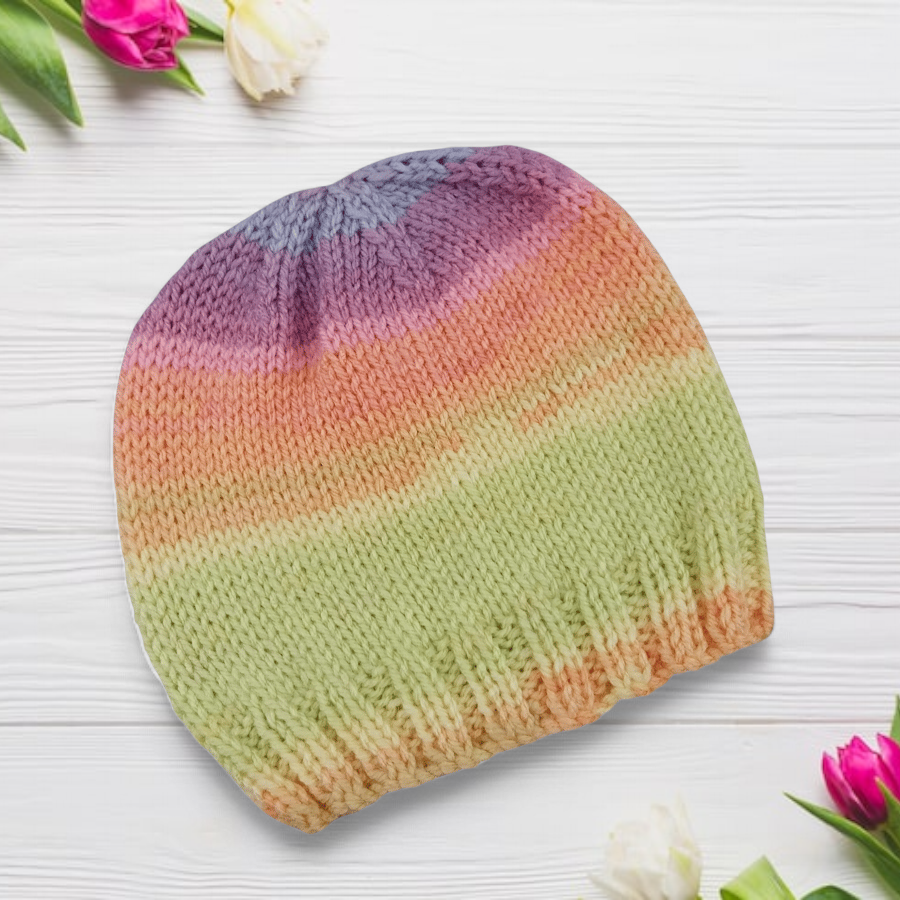 Hand Knitted Newborn Baby Hat in Pastel Stripes, Baby Girl Beanie, Winter 