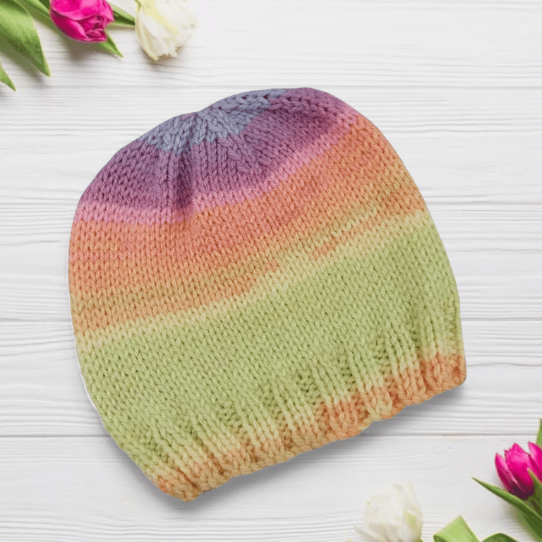 Hand Knitted Newborn Baby Hat in Pastel Stripes, Baby Girl Beanie, Winter 