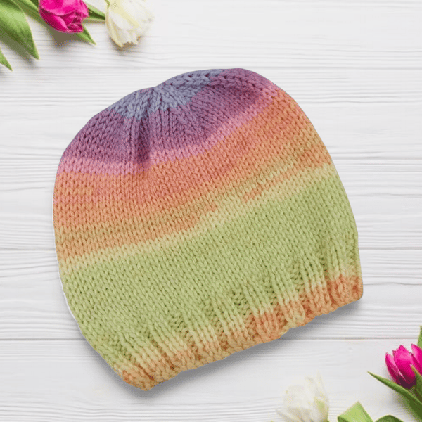 Hand Knitted Newborn Baby Hat in Pastel Stripes, Baby Girl Beanie, Winter 