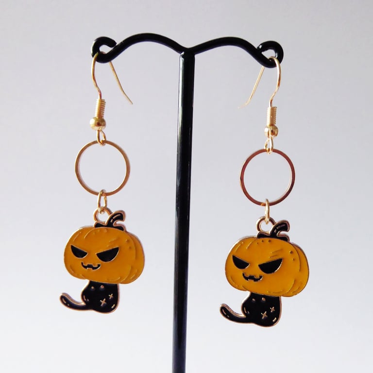 Enamelled Black Cat with Pumpkin Head Earrings and KC Gold Ear Wires & Ring