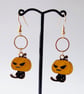 Enamelled Black Cat with Pumpkin Head Earrings and KC Gold Ear Wires & Ring