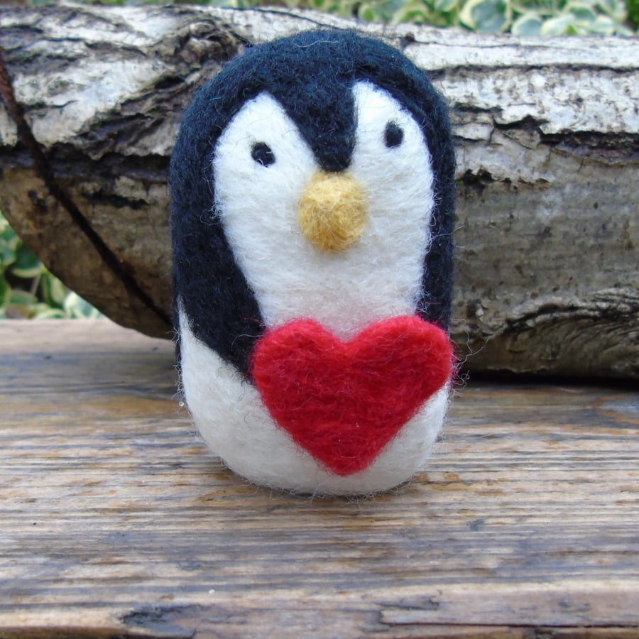 Penguin, valentine penguin holding a red heart, needlefelt penguin