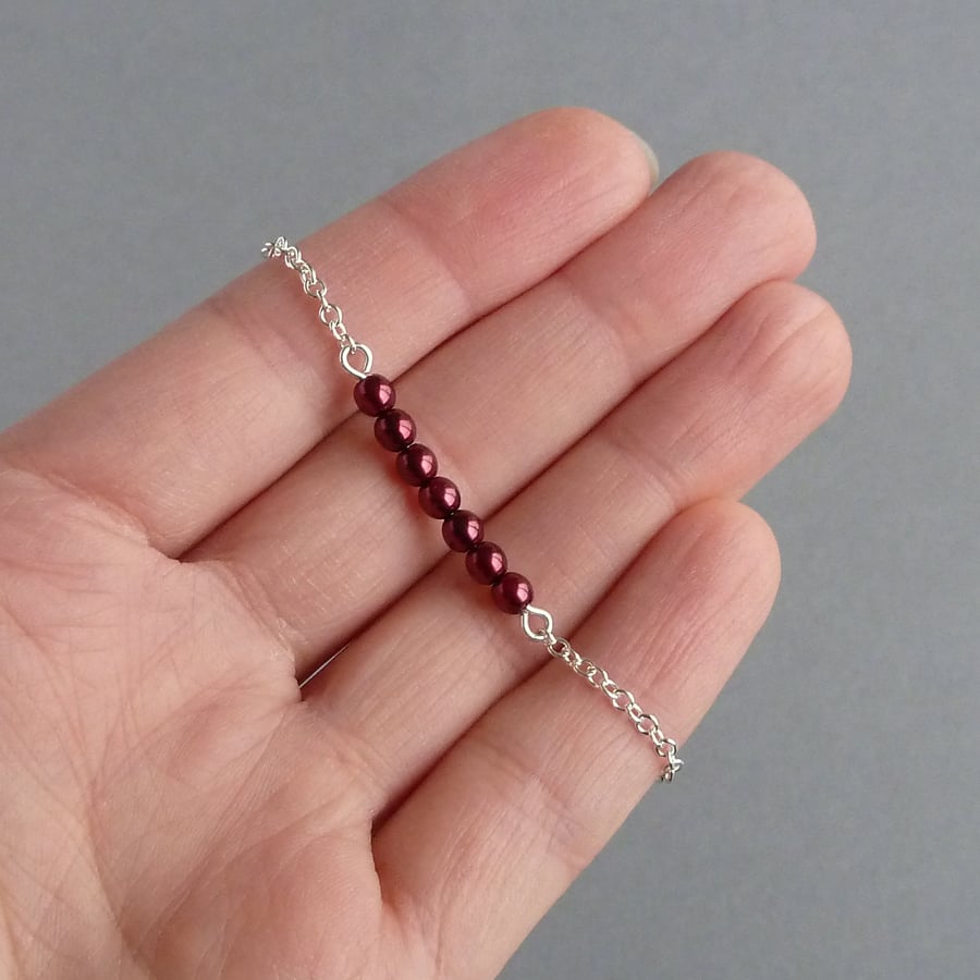 Dainty Silver Chain and Burgundy Pearl Layering Bracelet - Stacking Bracelets