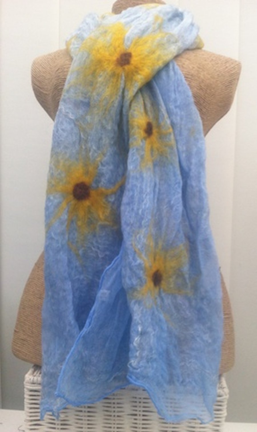 Scarf Nuno felted wool on silk (blue with sunflower detail)