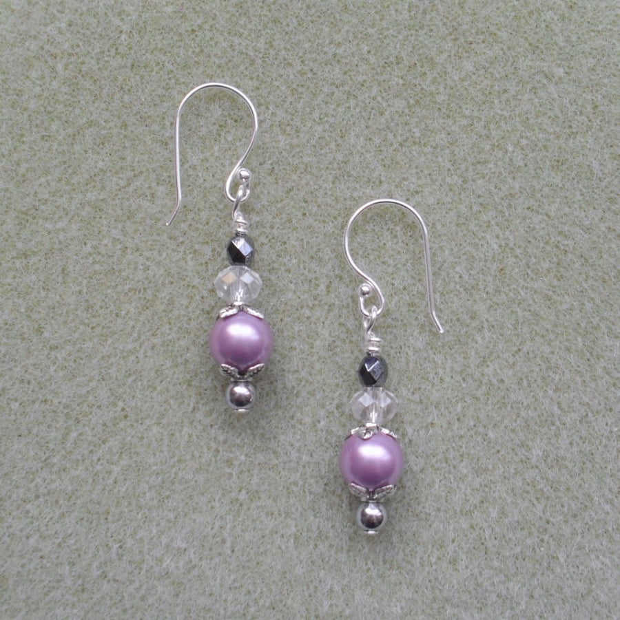 Lilac Shell Pearl and Glass Bead Earrings Silver Plate