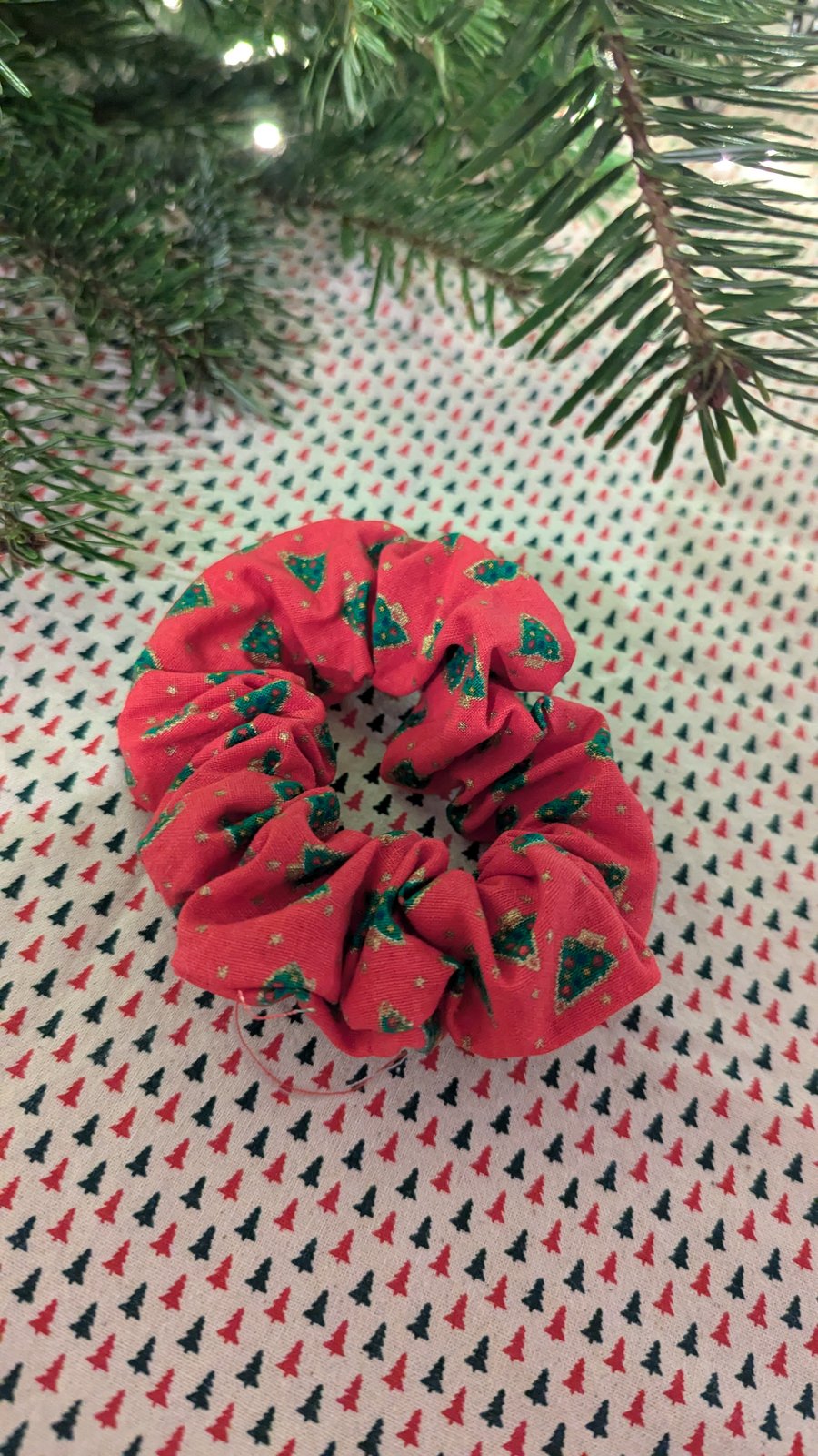 Red Christmas Scrunchie with holly pattern