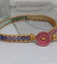 Pastel rainbow gemstone large bracelet with gold leather and pink button - Image 5