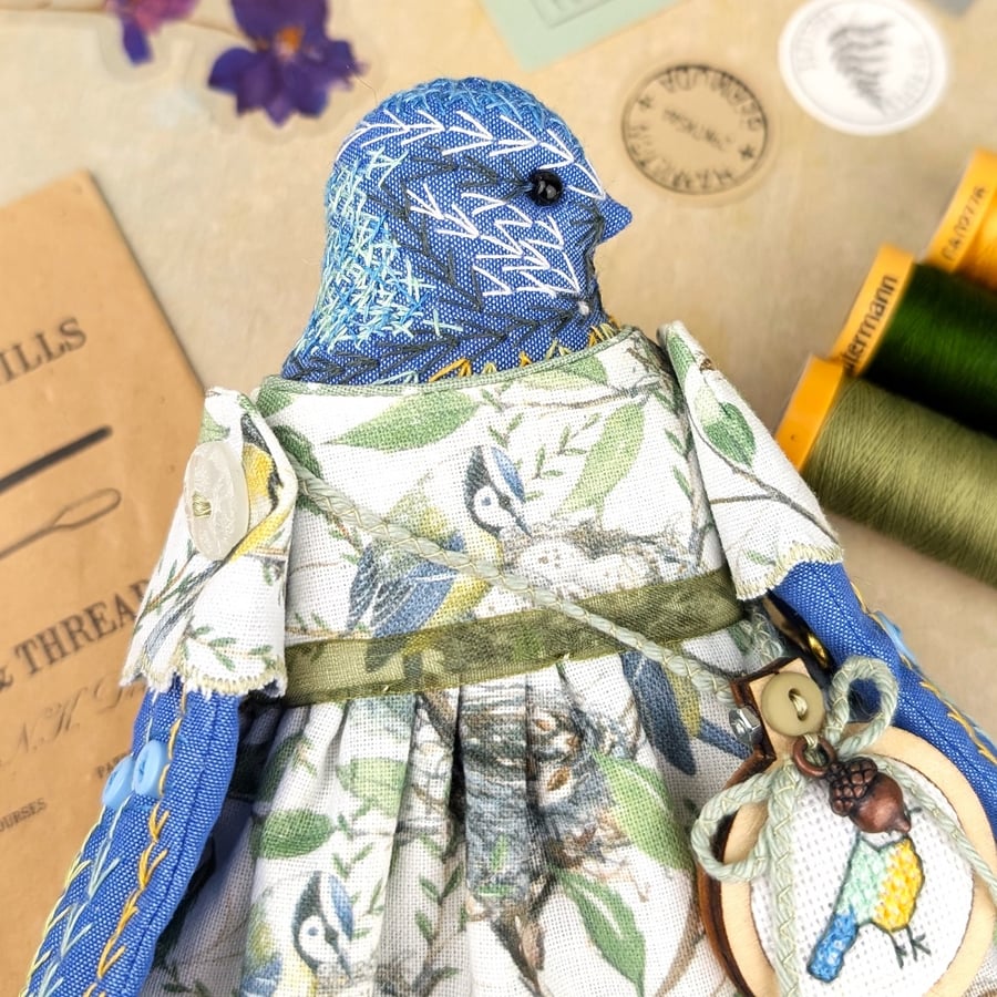 Tia,  A  Tiny Hand Embroidered Blue Tit Folk Art Doll