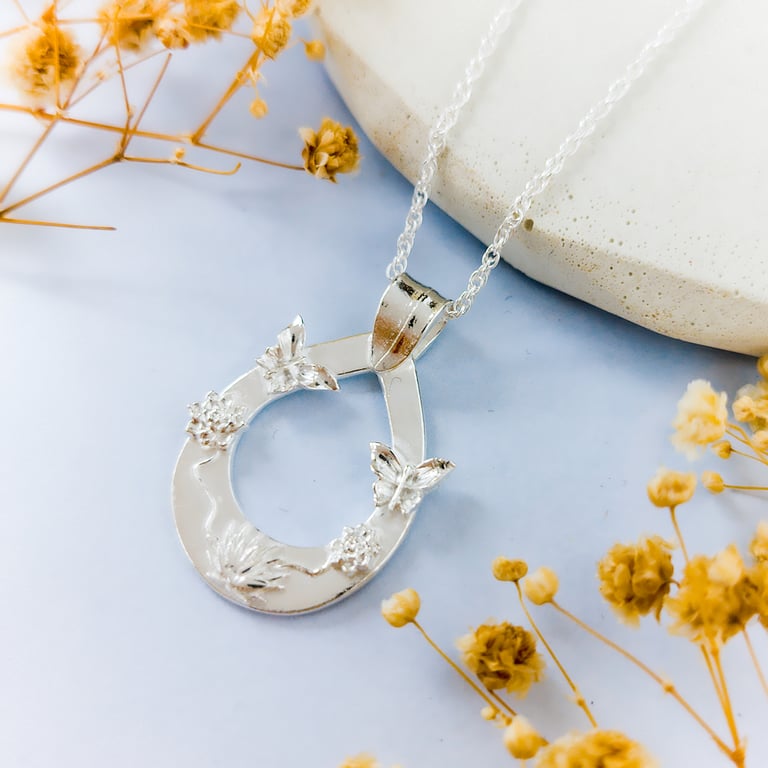 Butterfly Necklace - Recycled Silver Pendant with Flowers and Butterflies