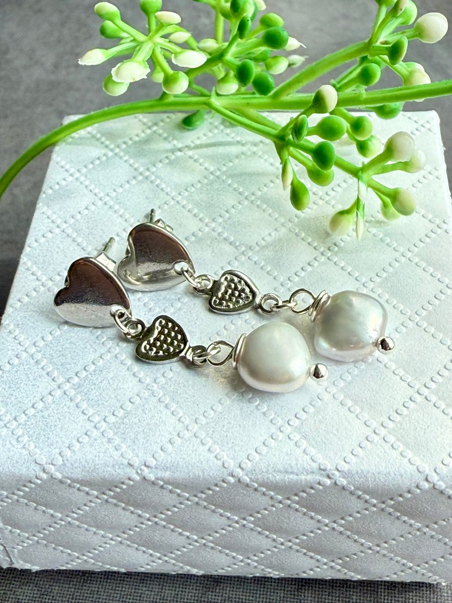 Heart shaped Stud earrings and Freshwater Pearls. Dangle Earrings