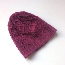 Floral Twist hand knitted beanie hat in recycled yarn