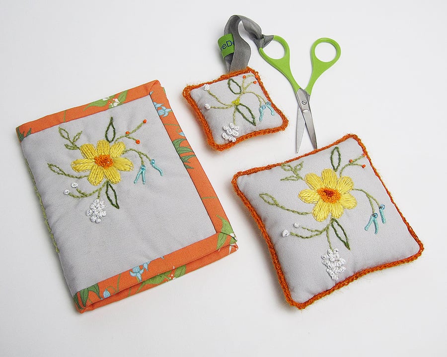 Grey  needle case, pin cushion and scissor keeper with embroidery, set of three