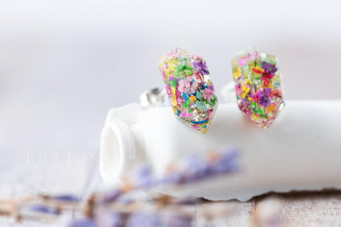 Real Flower Earrings Confetti Raw Crystals Pressed Flower Earrings Gifts For Her