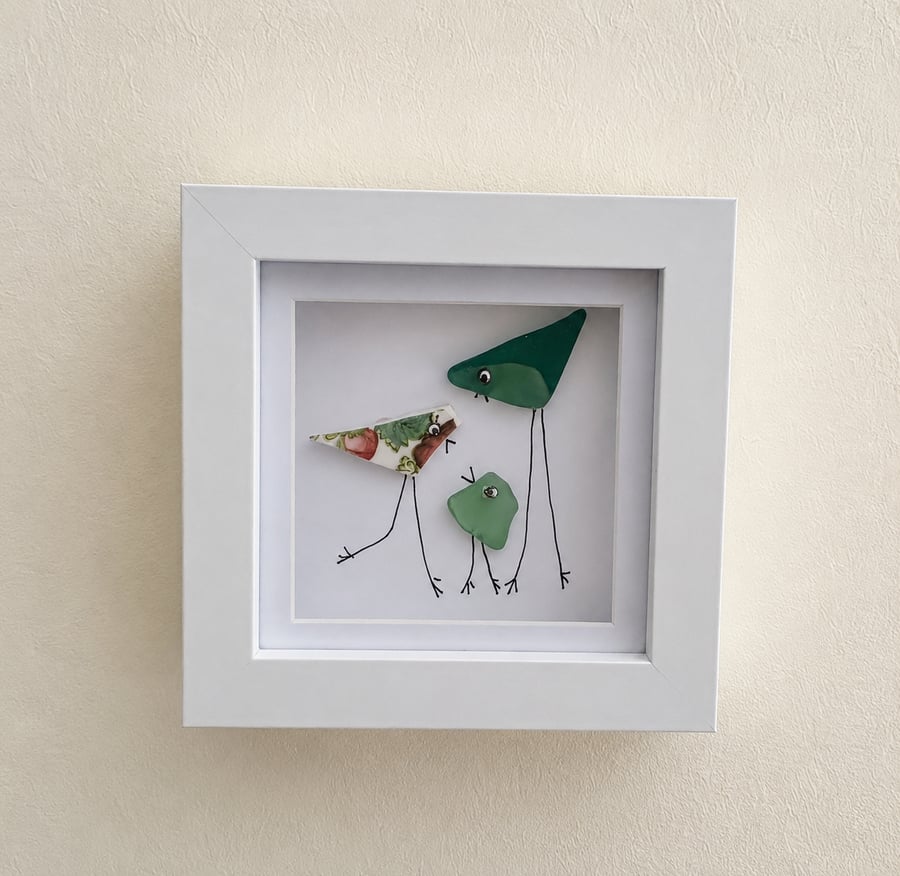 Sea Glass Bird Family Wall Art - Handmade 10 x 10 cm Shadow Box Frame