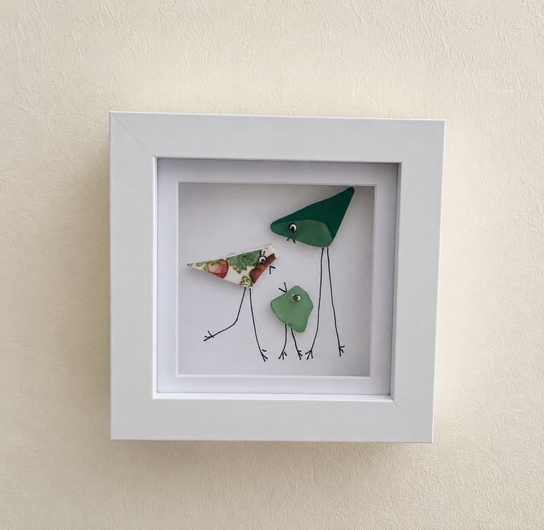 Sea Glass Bird Family Wall Art - Handmade 10 x 10 cm Shadow Box Frame