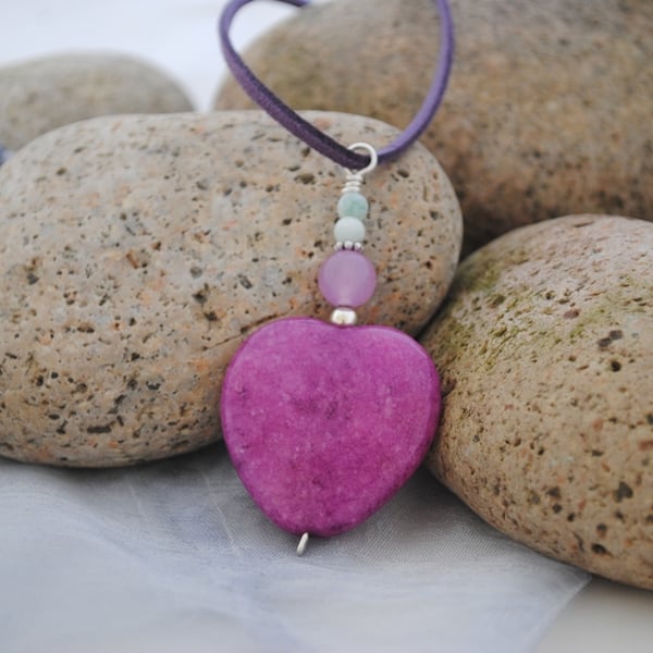 Purple jade heart and amazonite pendant necklace