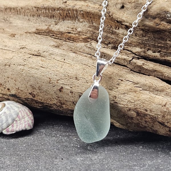 Sterling Silver Pale Aqua Sea Glass Necklace – Genuine Sea Glass Pendant
