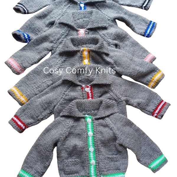 Grey Cardigan with stripped edging & pockets: