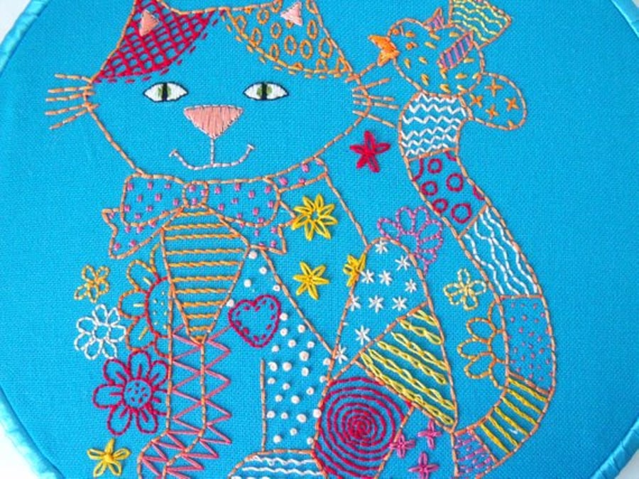 blue cat embroidered hoop art wall hanging, cat lovers gift