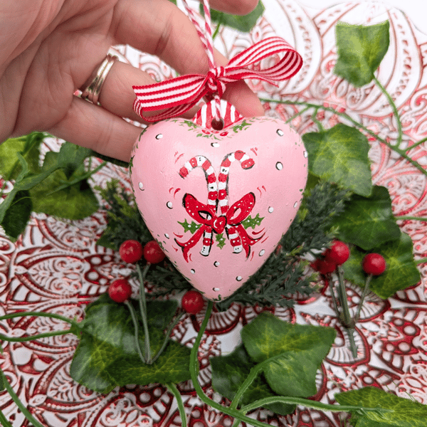 Candy cane hand-painted ceramic heart Christmas bauble