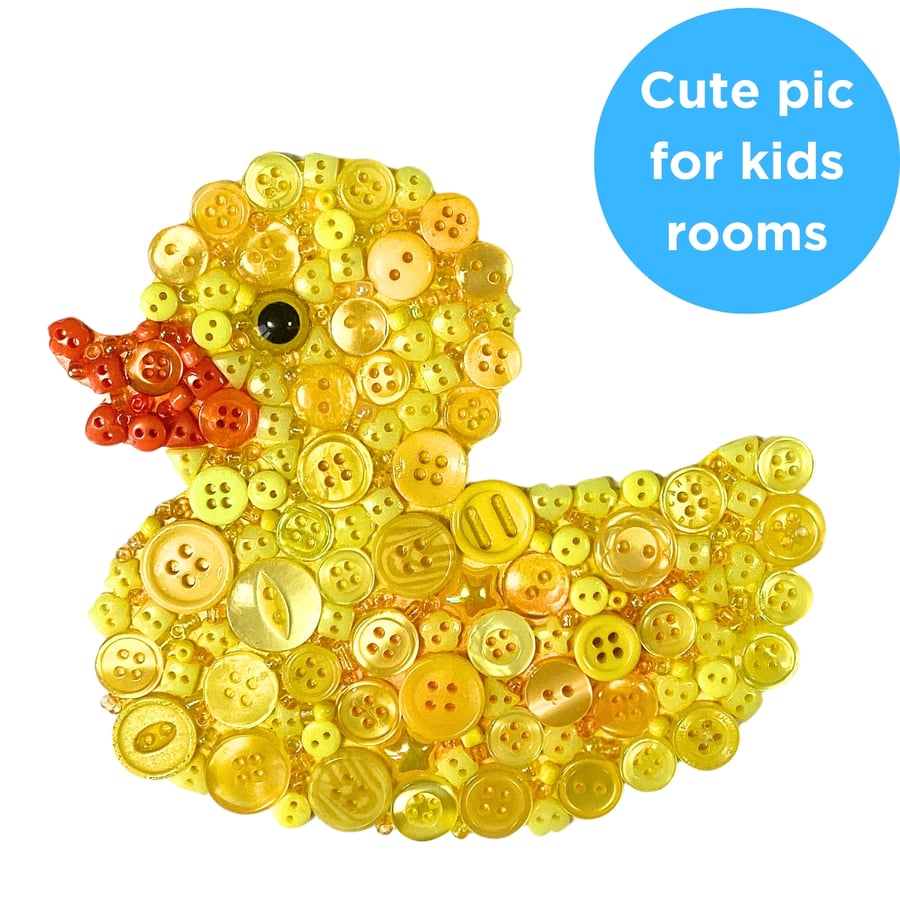 Duck Button Art Mosaic Framed Artwork Nursery Playroom Kids Room Childs Bedroom