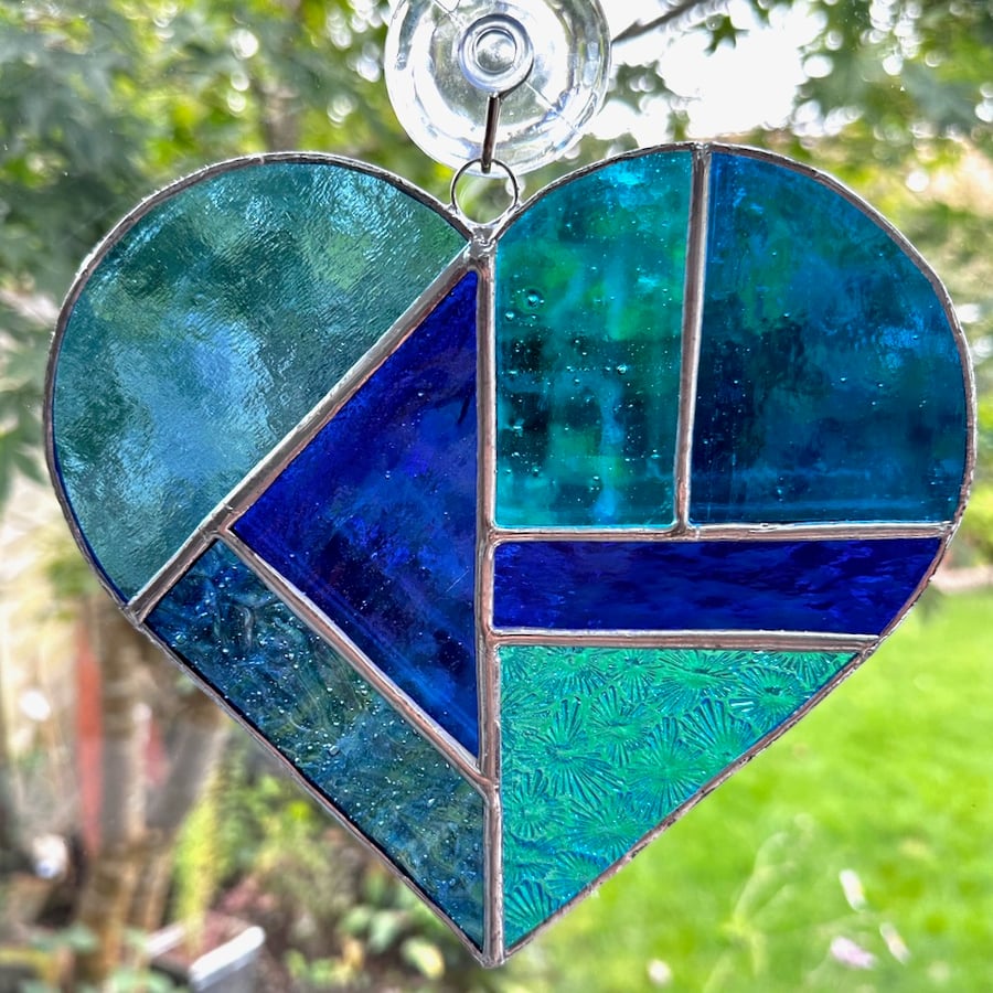 Stained Glass Large Heart Suncatcher - Blue and Turquoise 