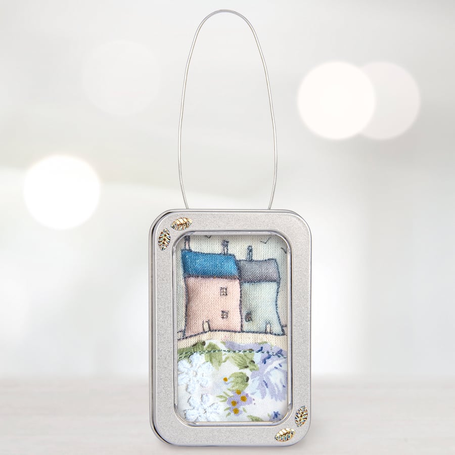 A little tin of country houses, textile art, gift