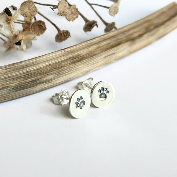 Hand Stamped Sterling Silver Paw Print Stud Earrings