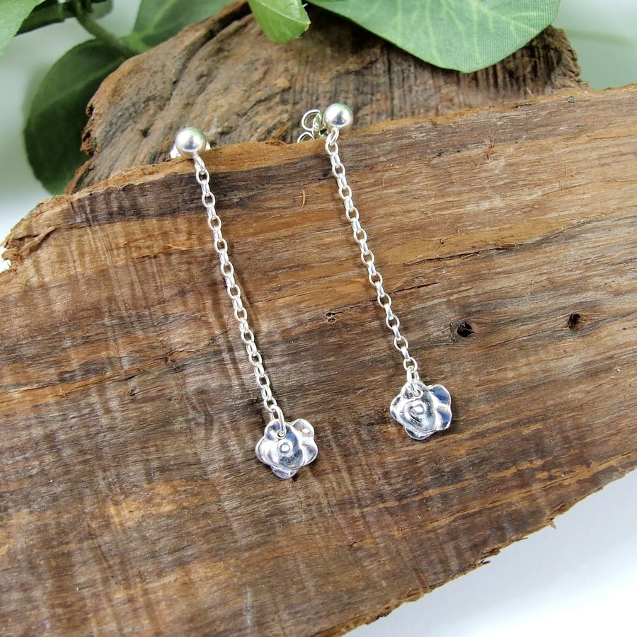 Earrings, Sterling Silver Chain and Flower Stud Droppers
