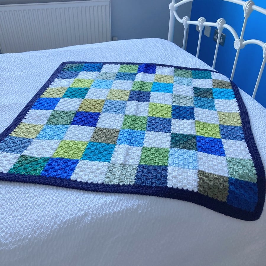 Blue , Green and White Patchwork Crocheted Lap Throw - Baby Blanket