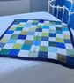 Blue , Green and White Patchwork Crocheted Lap Throw - Baby Blanket