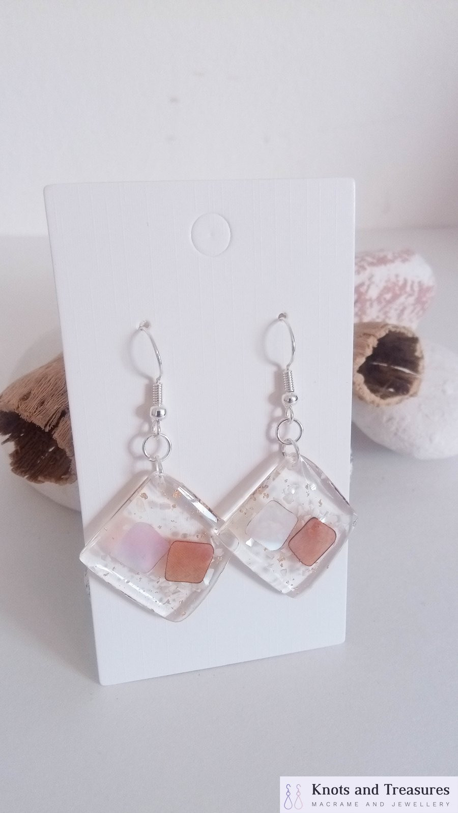 SALE Transparent Resin Earrings White & Brown Pearlescent Squares & Gold Flecks
