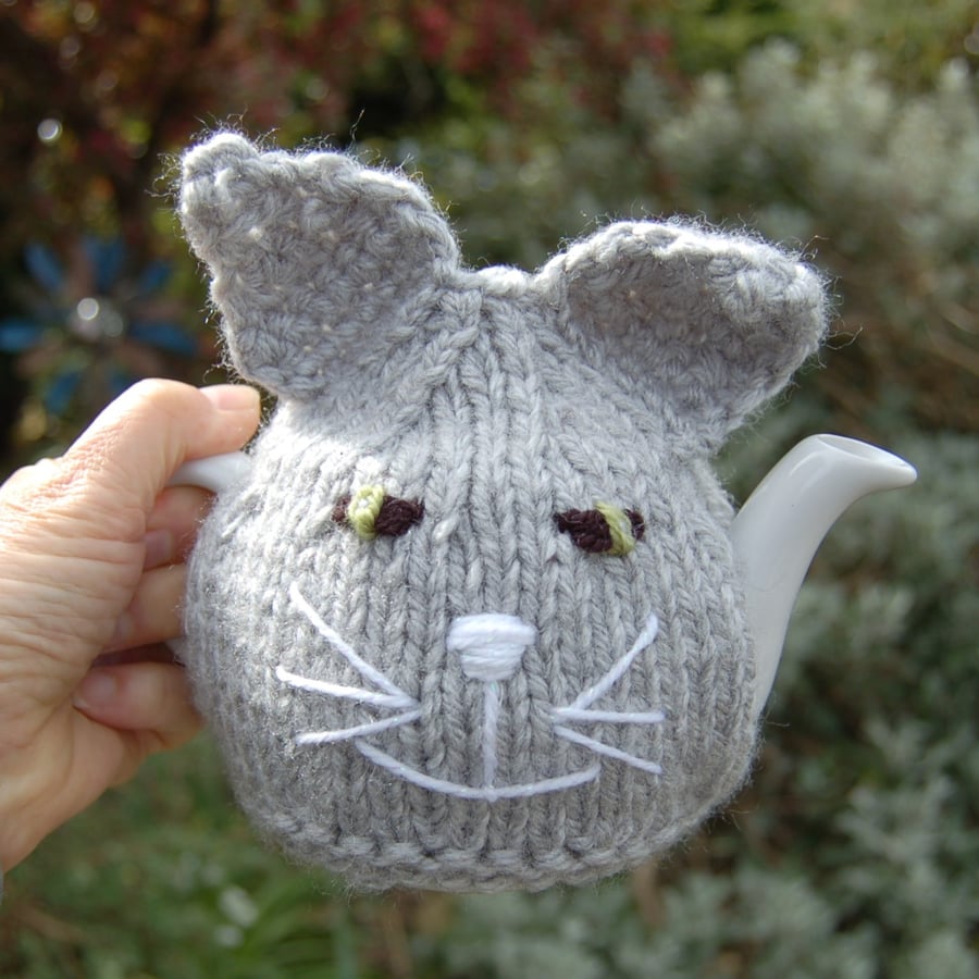 Hand Knitted Grey Cat Tea cosy - to fit a small tea for one teapot, 