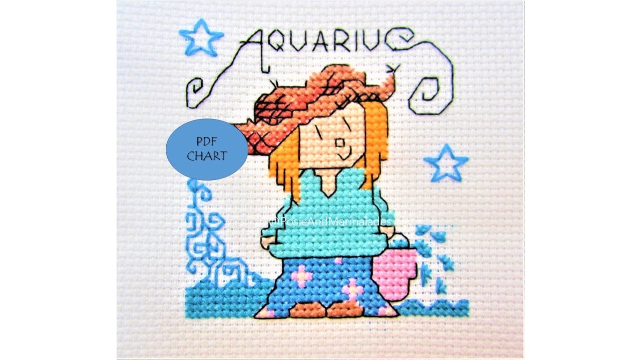 Aquarius zodiac star sign small cross stitch Instant digital Download PDF chart